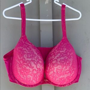 Cacique 40F Underwire Plunge Boost Hot Pink Lacey Bra